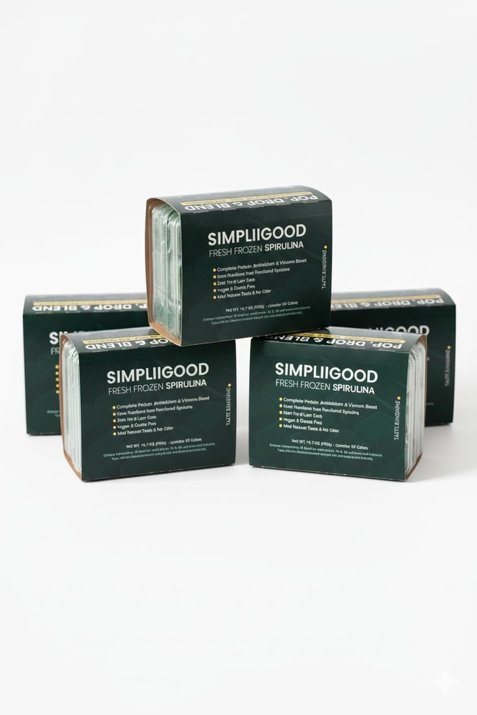 Frossen Spirulina Premium Superfood til voksne & Teens Nutrient- Rich Let at bruge Frozen Spirulina 12 Bakker indeholder 10 Cubes i hver pakke. 2 Cube = 28g (én servering)