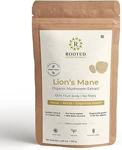 ROOTED Activity 's Lions Mane Mushroom Extract Powder USDA Organic, 38% Verified Beta Glucans - 124; Cognition, Clarity, Focus & Mood, Brain Health Support (4.23 Ounce)