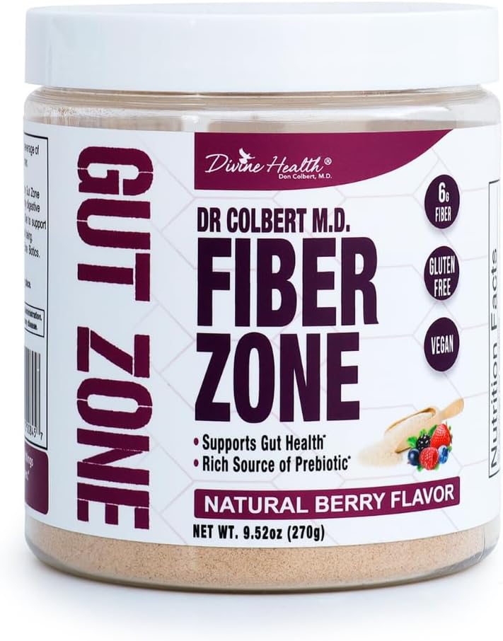 Dr Colbert MD Fiber Zone Pulver • 124; Berry Flavor • 124; Prebiotika, Issued & Opløselige Fiber • 124; Psyllium Husk • 124; Inulin • 124; Anbefalet i Keto Zone Diet & Sund Gut Zone • 124; 9.52 oz