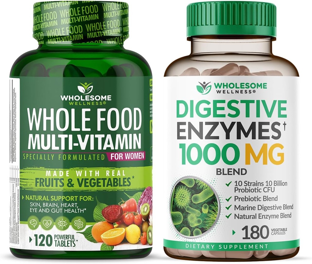 Grossic Wellness Wellness Whole Food Multivitamin for Women - Natural Multi Vitamin, Minerals, Organic Extracts fordøjelsesenzymer 1000MG Bundle