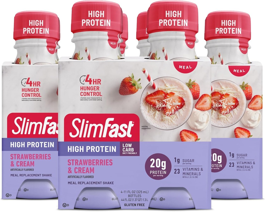 SlimFast Advanced Nutrition Meal Erstatning Protein Shake - Klar til at drikke, Pink, Jordbær & Cream, 4 flasker (pakke med 3)