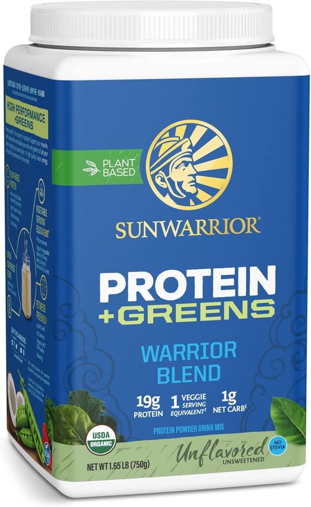 Sunwarrior Warrior Blend Protein Green Powder Drink Mix 124; BCAA Plant Based Organic Hampp Seed Vegan Gluten Free Non- GMO Lavcarb Protein Powder Mex124; Unflavored 750 G 30 SRV