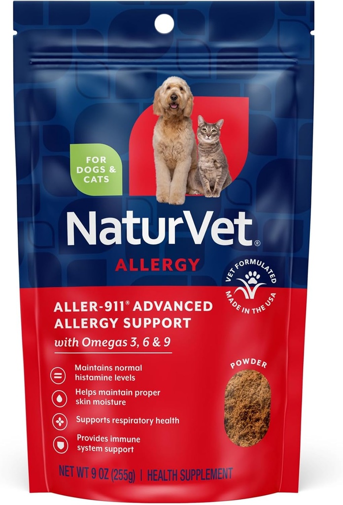 NaturVet Aller- 911 Advanced Allergy Aid Formel Powder Plus Antioxidanter til hunde og katte, 9 oz Powder, Lavet i USA