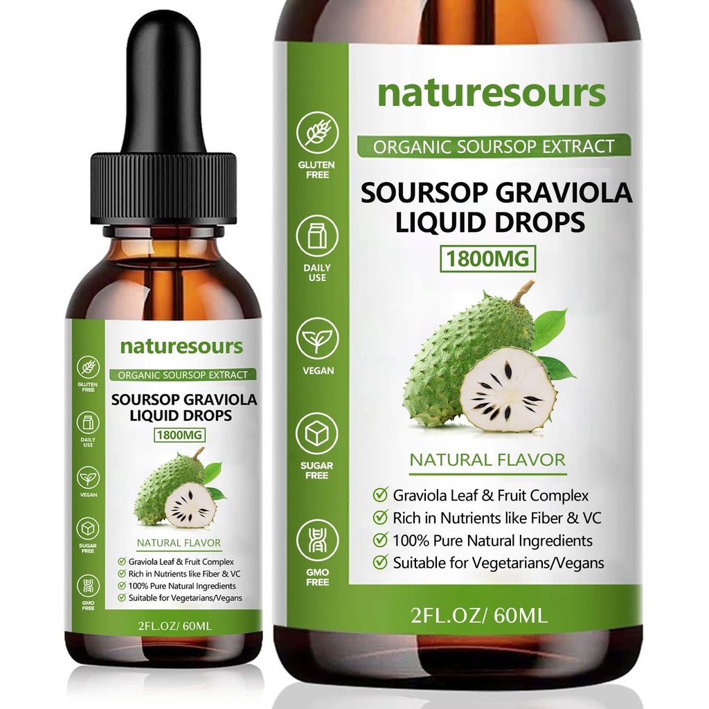 Naturesours 100% Pure Organic Soursop Extract, Soursop Graviola Liquid Drops 1800MG, Organic Pure Soursop Leave and Fruit Extract, Sugar / Gluten Free, 2 FLLOZ (1)