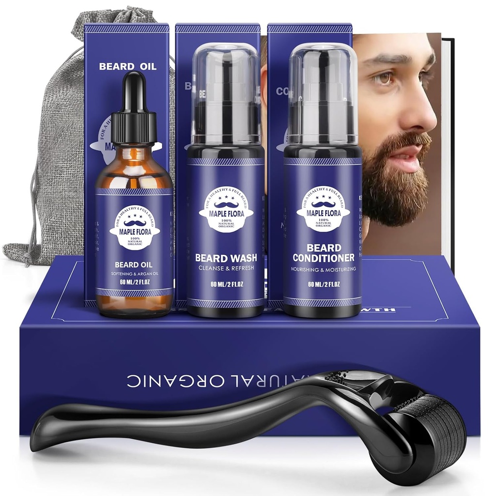 Beard Gavesæt - Olie, Vask, Conditioner, Ruller (Needle Længde: 0,25 mm) til skæg, opbevaring taske, Mustache Gaver sæt til kæreste Mand Fædre far Mænd Ham
