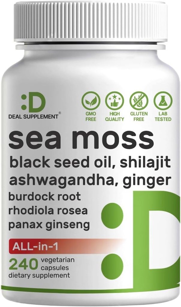 DEAL SUPPLEMENT Irish Sea Moss 7000mg Per Serving, 240 Veggie Kapsler - 14 Superfood Complex - 3000mg Black Seed Oil, 2000mg Ashwagandha, 600mg Ginger
