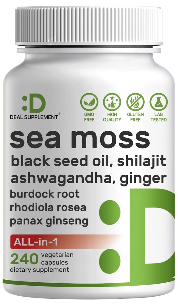 DEAL SUPPLEMENT Irish Sea Moss 7000mg Per Serving, 240 Veggie Kapsler - 14 Superfood Complex - 3000mg Black Seed Oil, 2000mg Ashwagandha, 600mg Ginger