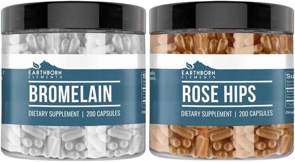 Earthborn Elements Rose HIPS & Bromelain Capsule Bundle (200 Kapsler Hver), Pure & Ufortyndet, Ingen tilsætningsstoffer