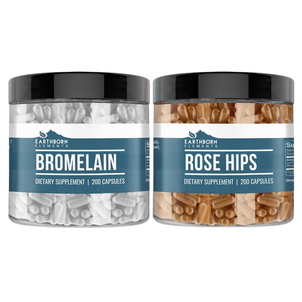Earthborn Elements Rose HIPS & Bromelain Capsule Bundle (200 Kapsler Hver), Pure & Ufortyndet, Ingen tilsætningsstoffer