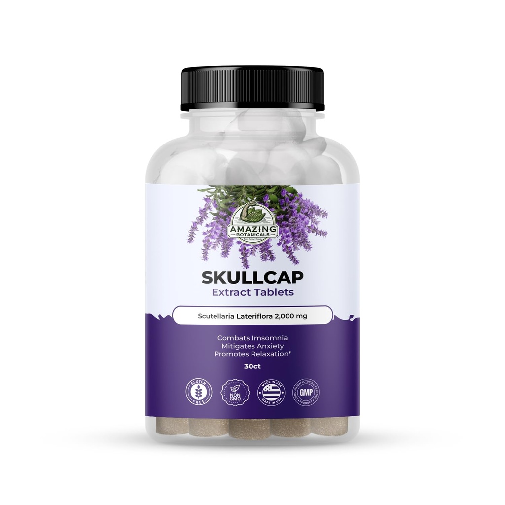 Amazing Botanicals Skullcap 10X Extract Tablets 2.000 mg - High Potency Herbal Supplement for afslapning og Wellness - 30 tabletter