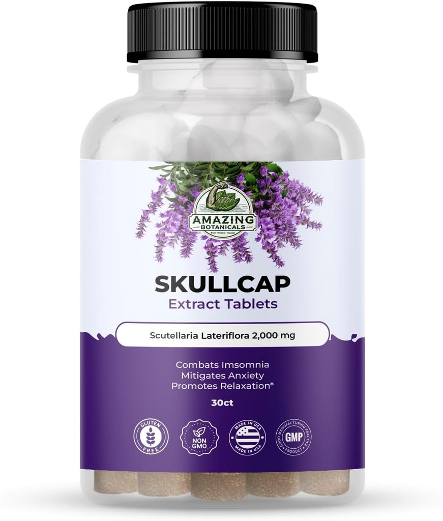 Amazing Botanicals Skullcap 10X Extract Tablets 2.000 mg - High Potency Herbal Supplement for afslapning og Wellness - 30 tabletter