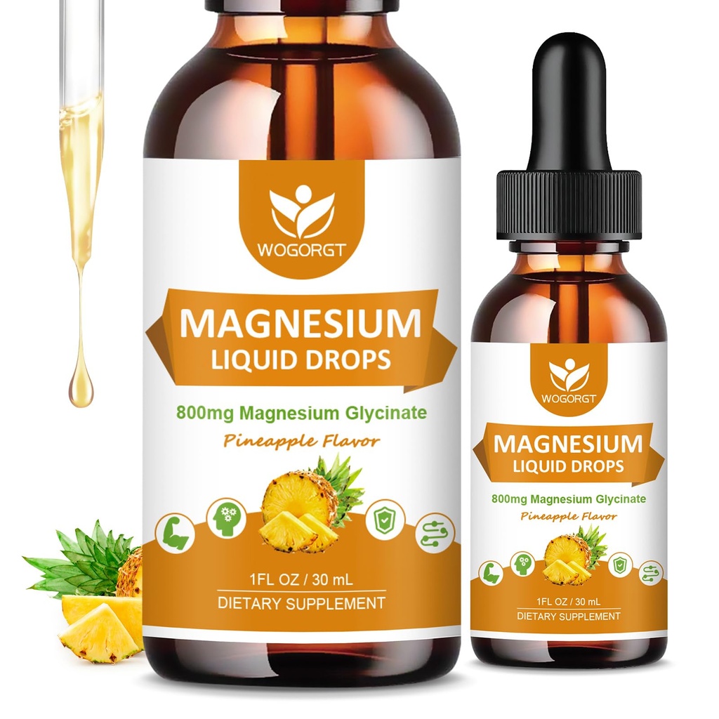 Magnesium Glycinate Liquid Drops med Citrate & Taurate - Cognition, Muscle & Focus, Liquid Magnesium Complex Supplement med vitamin D3, GABA, L- theanin, Ananas Navor - 1 Fl Oz (2 Pack)