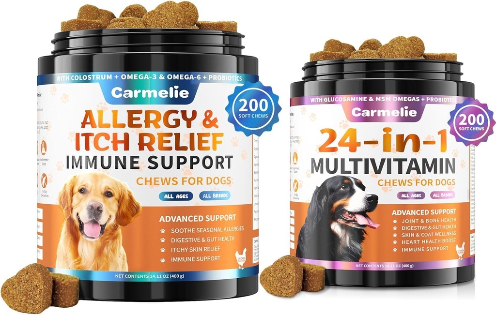 Hund Allergy Chews + Carmelie 24 i 1 Hund Multivitamin Chewable - 400 Treats - Sæsonallergi Relief + Hund Vitaminer til Hip & fælles, Hud & Coat, immunforsvar (Chicken Flavor)