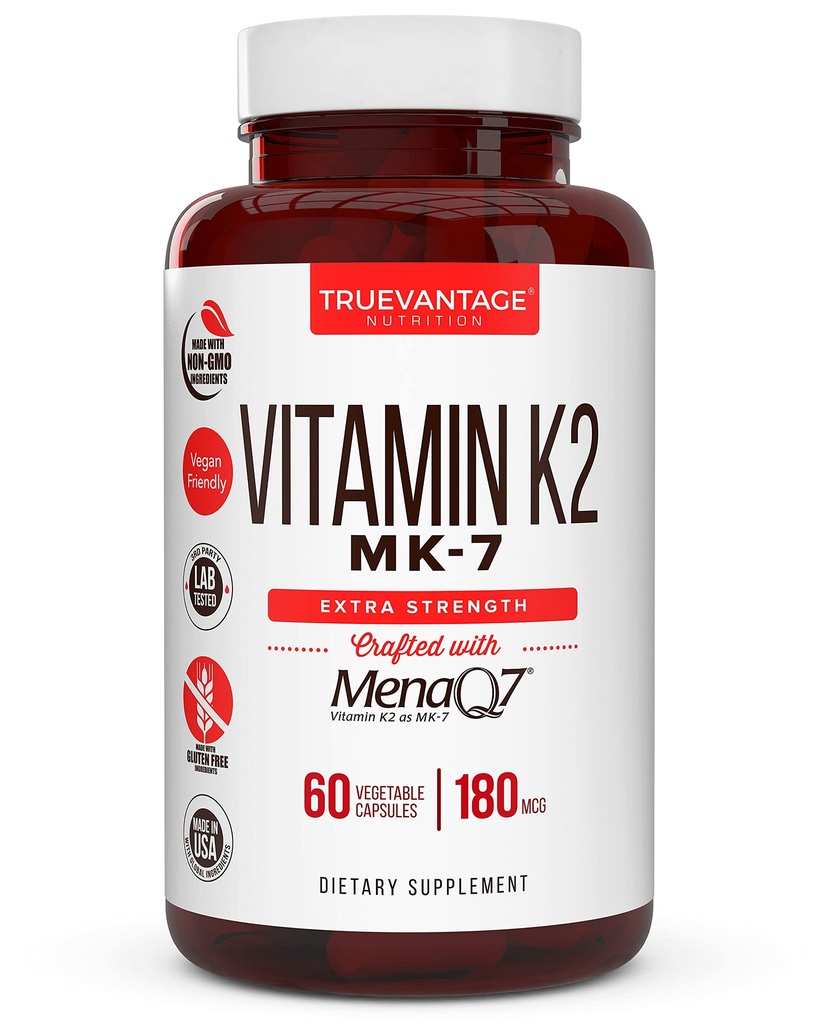 Vitamin k2 MK- 7 Supplement 180 mcg - Vitamin K2 Understøtter Bone & Heart Health for cardiovaskulær Calcium Absorption fra Arteries- 60 Let at synke Vegetabilske kapsler af MenaQ7 K2 MK7