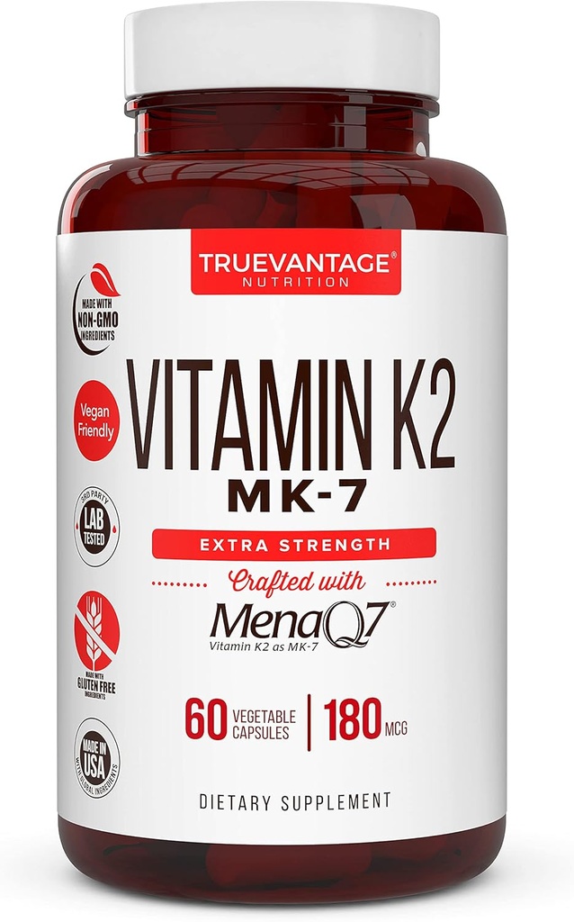 Vitamin k2 MK- 7 Supplement 180 mcg - Vitamin K2 Understøtter Bone & Heart Health for cardiovaskulær Calcium Absorption fra Arteries- 60 Let at synke Vegetabilske kapsler af MenaQ7 K2 MK7