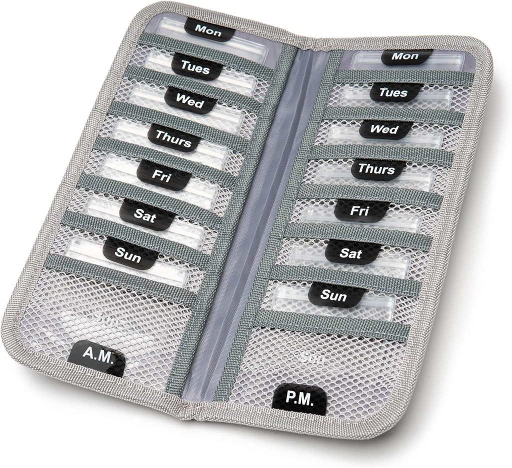 AM / PM Bi- Folding Pill Organizer + Supplement sag for OTC medicin, reception + vitaminer - 14 mærket Monday- Slide Lock Pouches, Grey Travel Pill sag
