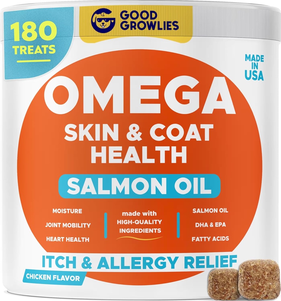 Omega 3 Alaska Fish Oil Treats for Hunde (180 Ct) - Tør & Itchy Skin + Allergi - Shiny Coats - EPA & DHA Fedtsyrer - Natural Salmon Oil Chews - kylling Tyrkiet