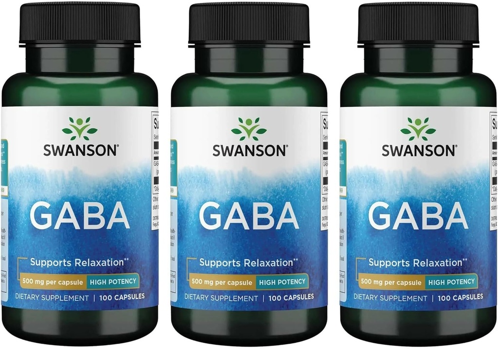 Swanson GABA - Aminosyretilskud til fremme af ro og afspænding til støtte for afslappende søvn - høj potens formel til støtte for sunde stress niveauer - (100 kapsler, 500mg hver) (3 Pack)
