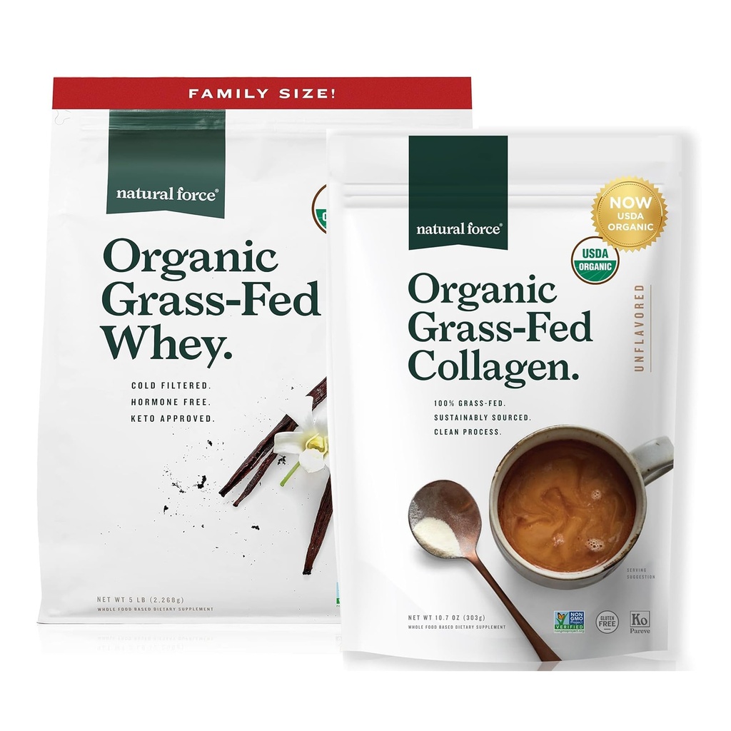 Naturlig kraft Græs Fed Økologisk Whey Protein Powder Vanilla Flavor 5 LB Organic Clean Collagen Peptider Powder Unflavored, 10.7oz