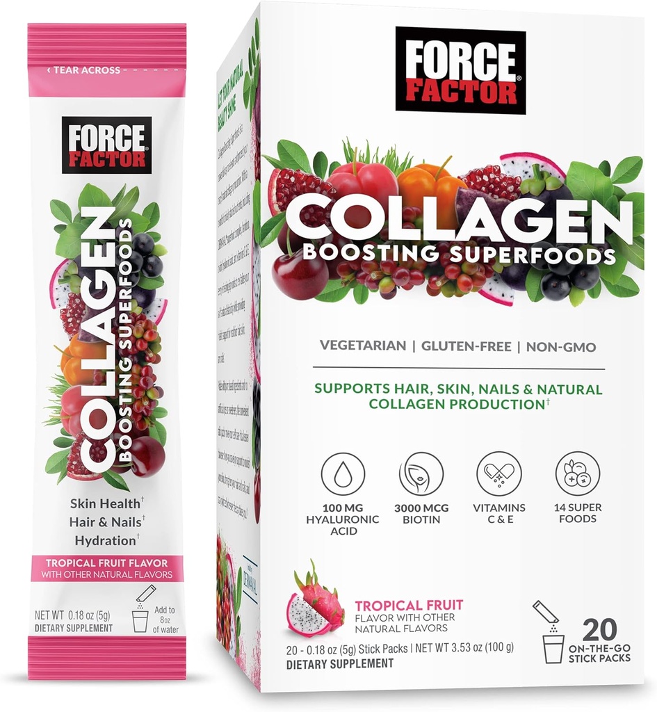 Kraftfaktor kollagen Boosting Superfood med biotin, Hyaluronsyre, Bambus, og hår, hud, og negle Vitaminer, Nail Stronthener og Skin Supplement, Tropical Fruit Flavor, 20 Stick Packs