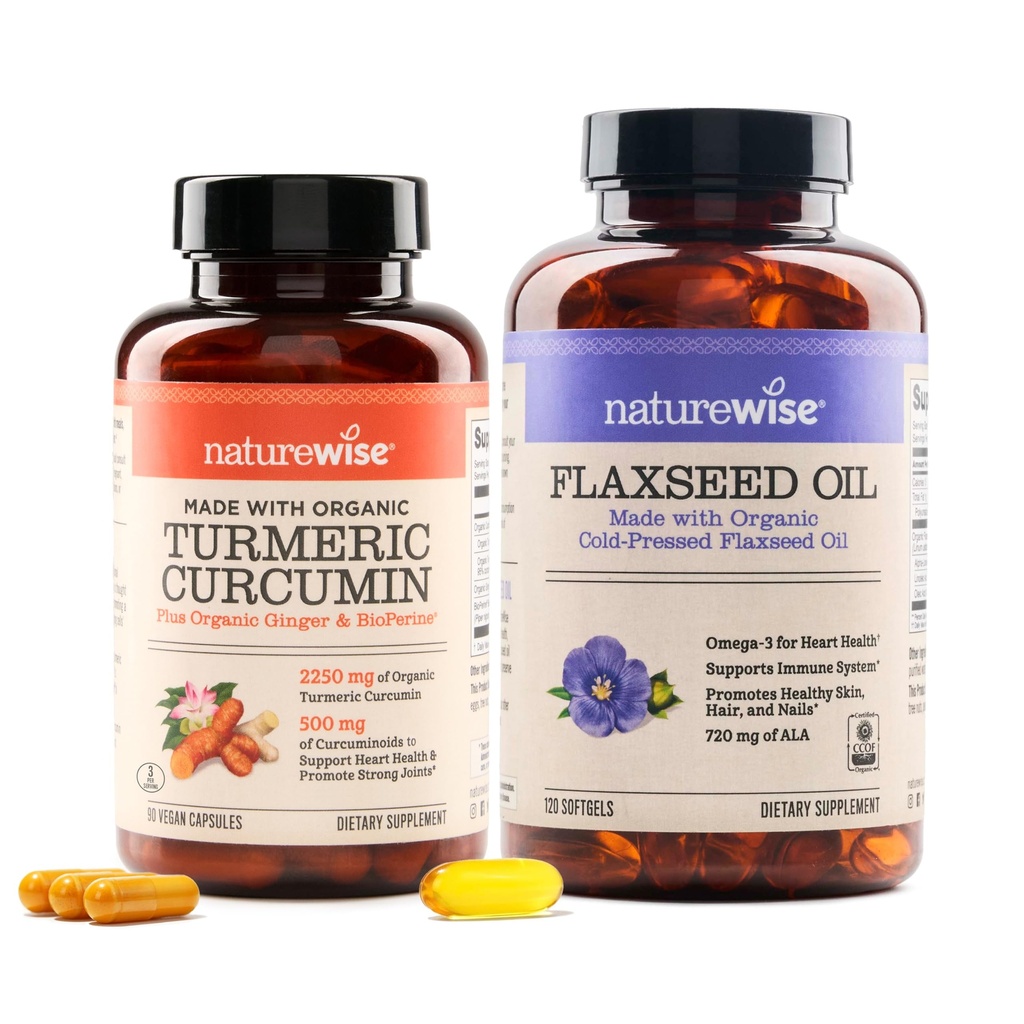 NatureWise Curcumin Gurkemeje 2250mg & Flaxseed Oil 1200mg Omega 3 6 9 Softgel til fælles, hjerte & immunforsvar [1 & 2 Måned Supply]