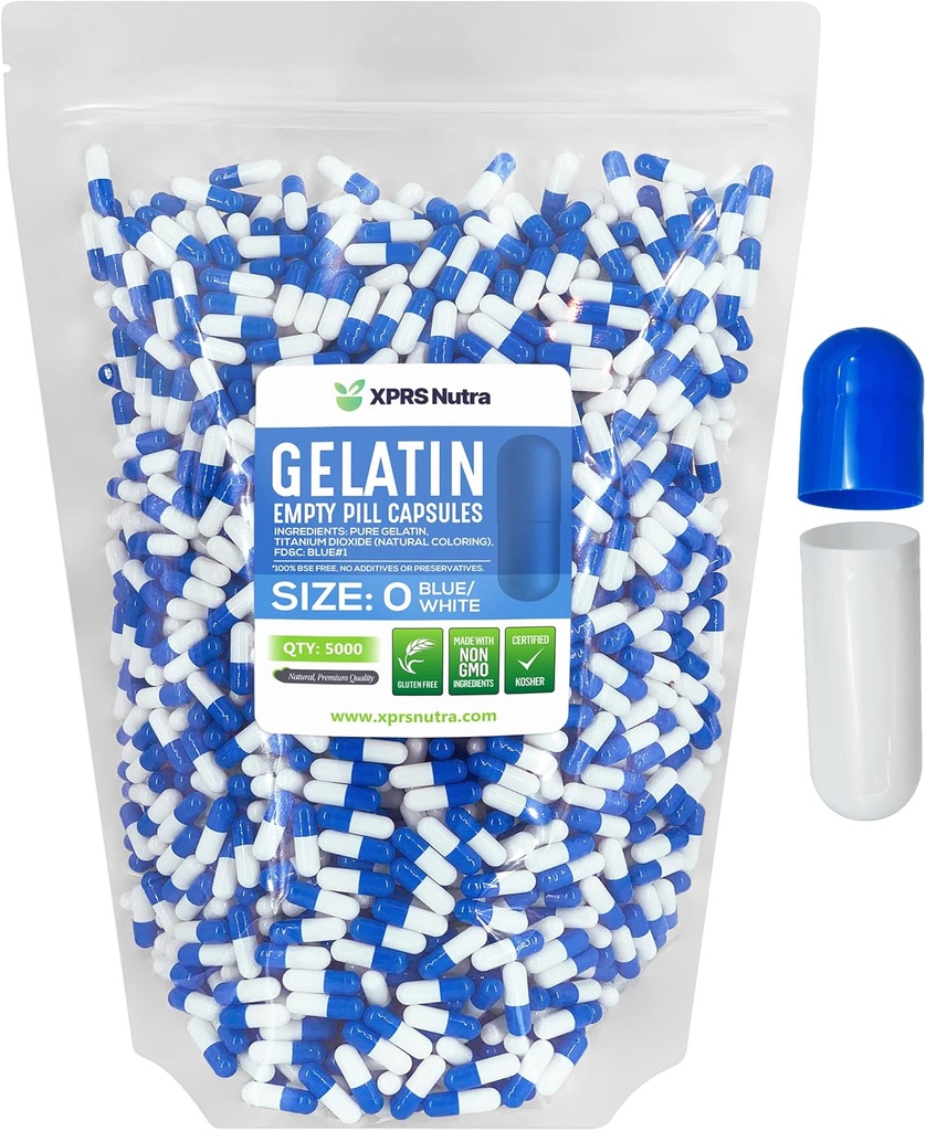 XPRS Nutra Størrelse 0 Tomme kapsler - 5000 Tomme Gelatine kapsler - Piller gør det - Pure Bovin Pille Gel Caps til Do- It- Yourself Kosttilskud (blå / hvid)