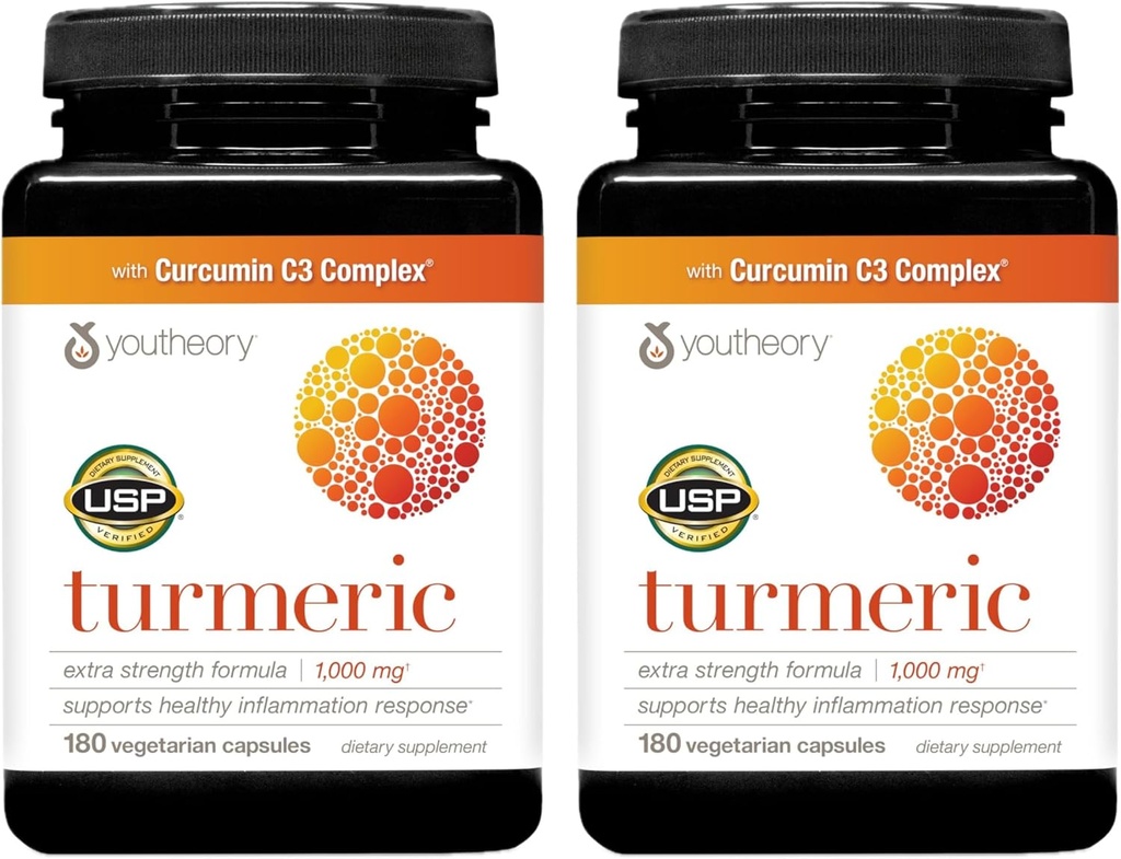 Youtory Turmeric Extra Strength - 1000 mg - Understøtter muskel & fælles sundhed * - Indeholder bioenhancere, Curcuminoids & planteekstrakter - USP Verified - 180 Vegetariske kapsler, 2 Pack (180-dages forsyning)