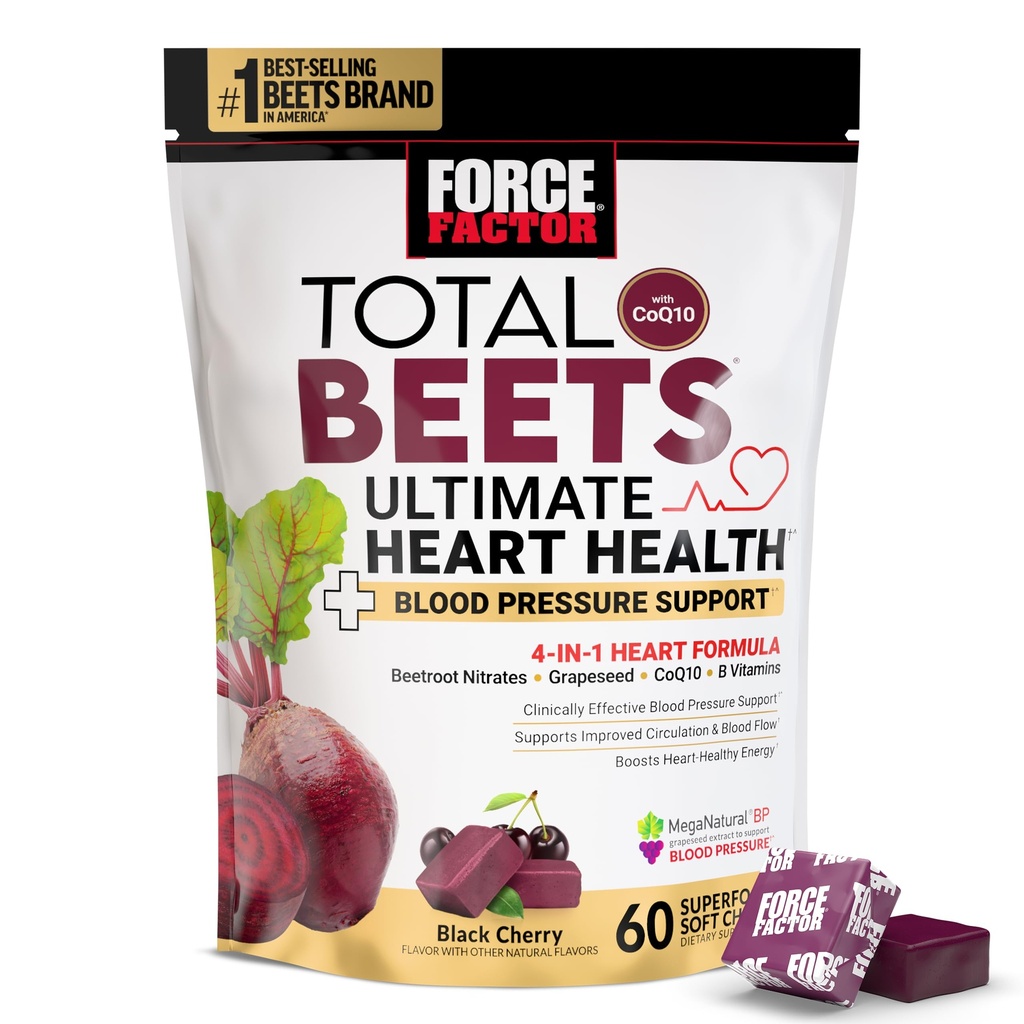 FORCE FACTOR Total Beets Ultimate Heart Health Chews for Blood Pressure Support, med Beetroot Powder, CoQ10, B Vitamin & Drueseed Extract for Blood Flow & Energy, Black Cherry, 60 Soft Chews