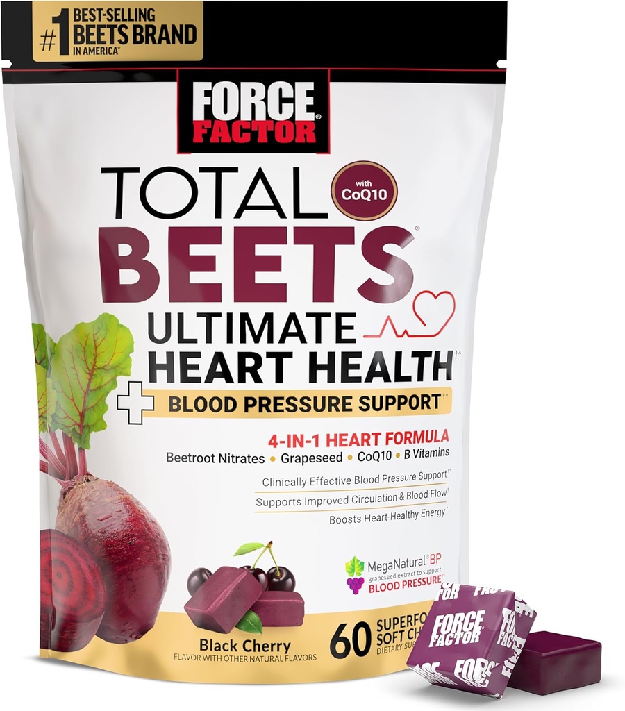 FORCE FACTOR Total Beets Ultimate Heart Health Chews for Blood Pressure Support, med Beetroot Powder, CoQ10, B Vitamin & Drueseed Extract for Blood Flow & Energy, Black Cherry, 60 Soft Chews