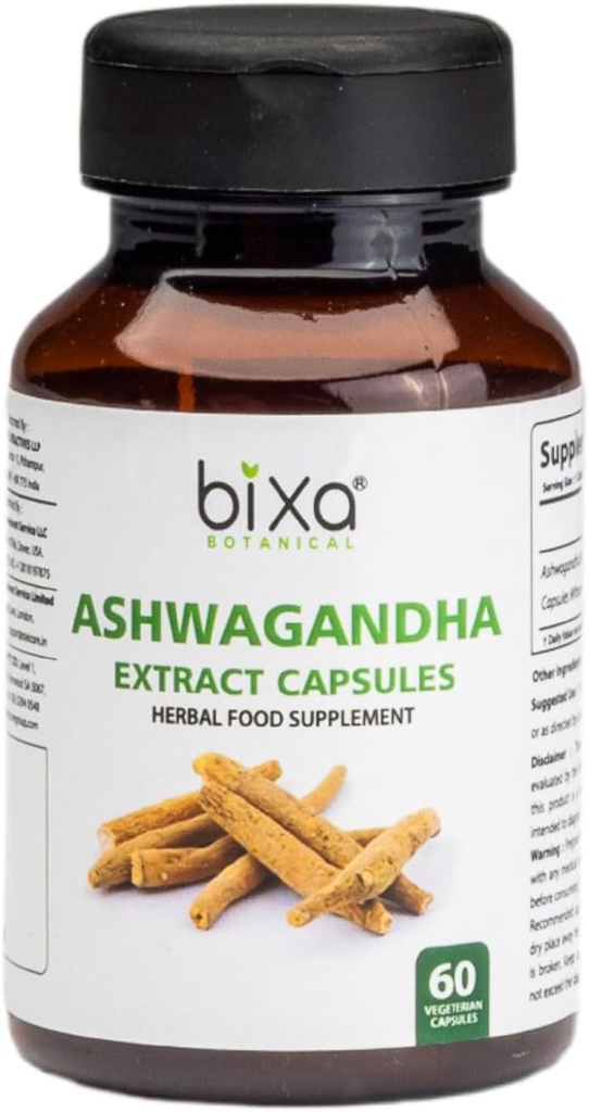 bixa BOTANITIC Ashwagandha Extract (Witania Somnifera Root) - 124; Indian Ginsen- Best Re- Energizer & Immunity Booster - 124; Urtetilskud. (60 Tæl (pakning med 1))