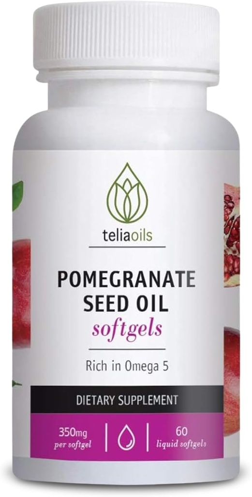 Teliaoils Pomegranat tillæg med hørfrø olie - 60 flydende bløddele - Cold- presset Pomegranat frø olie til antioxidant & hudstøtte - Omega 5 & polyphenoler til mænd og kvinder