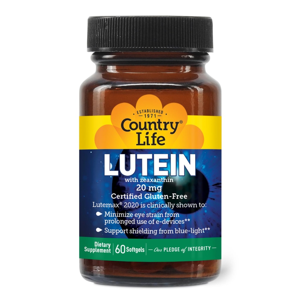 Country Life Lutein 20 mg Supplement - Certified Gluten- Free - Eye Health Support med Lutein og Zeaxanthin - Reducerer Eye Strain fra Screens - Ingen Gær, Majs, Hvede, Mælk - 60 Softgels