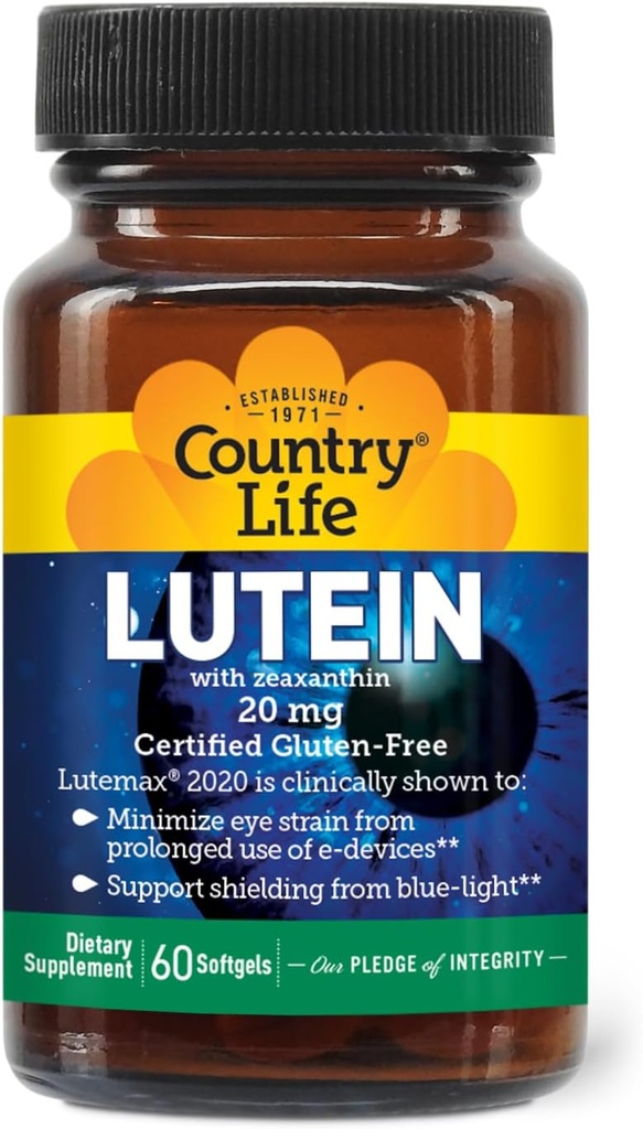 Country Life Lutein 20 mg Supplement - Certified Gluten- Free - Eye Health Support med Lutein og Zeaxanthin - Reducerer Eye Strain fra Screens - Ingen Gær, Majs, Hvede, Mælk - 60 Softgels