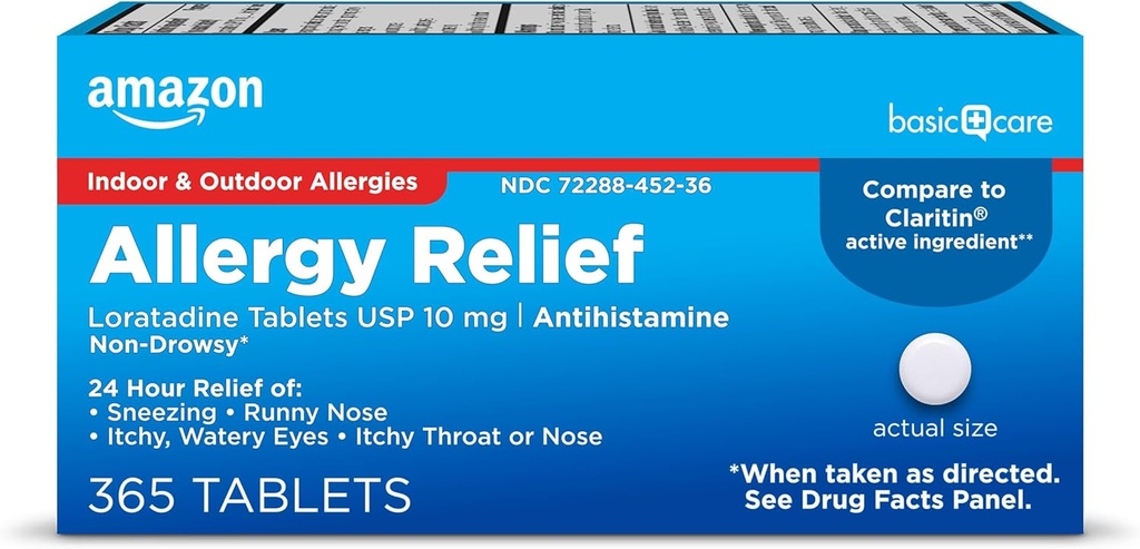 Basic Care Allergy Relief Loratadine Tablets 10 mg, White, 365 Count (Emballage kan variere)