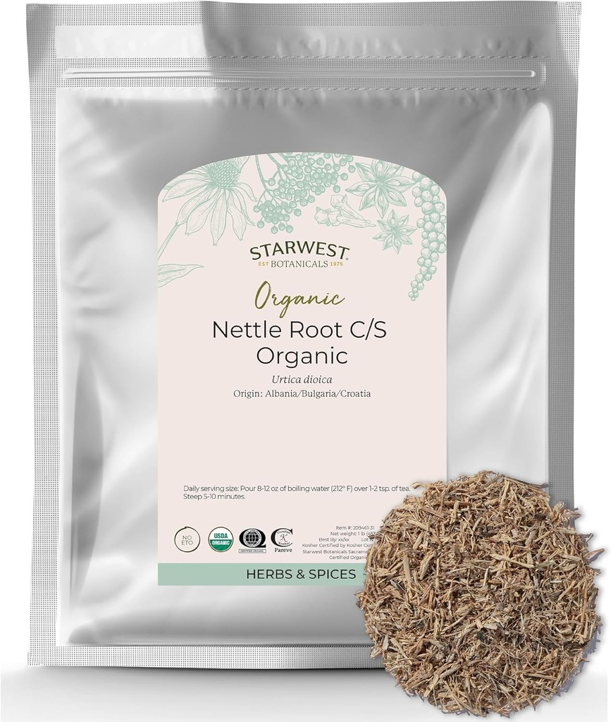 Starwest Botanicals Nettle Root Organic - Tørret Stinging Nettle Root, Loose Leaf Herb for te, suppe, Stews, & Broths, Urtica Dioica, Cut & Sigted, Certificeret Kosher, Non- GMO - Bulk 1 LB taske