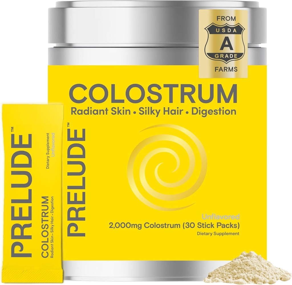 Prelude Bovine Colostrum Supplement - Grassed Colostrum Powder Sticks til Gut Sundhed, Immunitet & Samlet Wellness - Colostrum Aids Hår, Hud & fordøjelse for kvinder & mænd - Made in USA