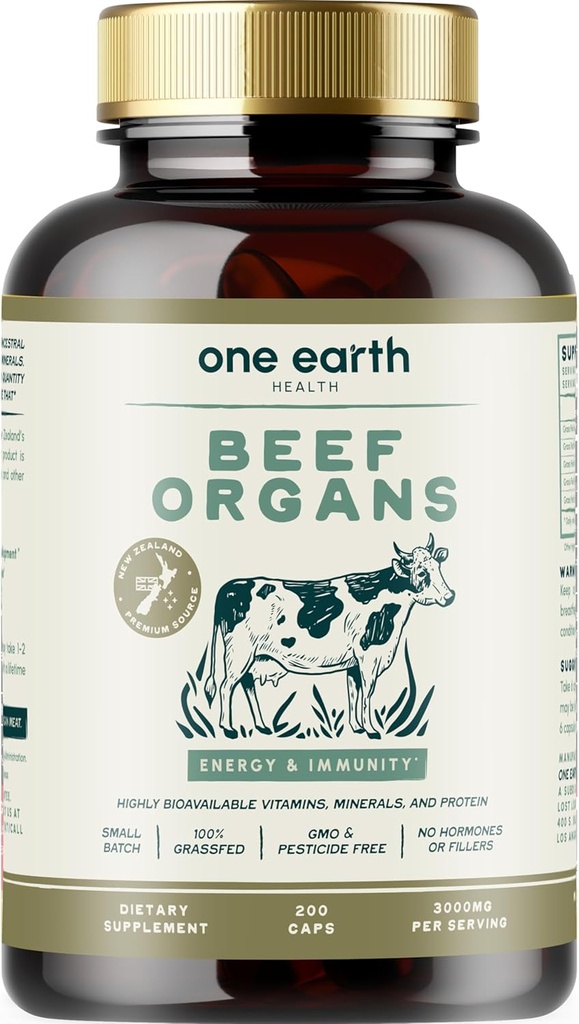 One Earth Health New Zealand 100% Grass Fed Beef Organs - (200 Count, 3.000mg Serving) Lever, hjerte, Nyre, Pancreas, Milten Supplement. Organ Meat Complex fra New Zealand