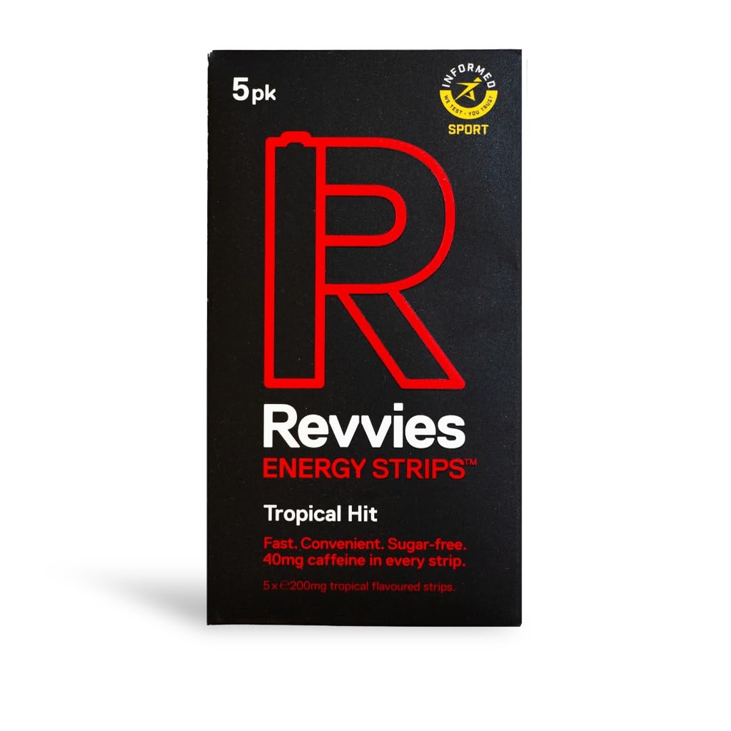 Revvies Energy Strips • 124; Tropical Hit • 124; 50 Strips • 124; 40mg Koffein Strip • 124; 2 Strip = kaffe / energidrik • 124; mindre end 2 kalorier • 124; Vegan • 124; 10 x 5PK