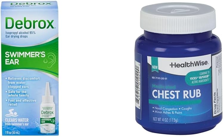 Debrox Swimmer 's Ear Drops, 1 Fl Oz og HealthWise Medicated Chest Rub, 4 oz. Bundle