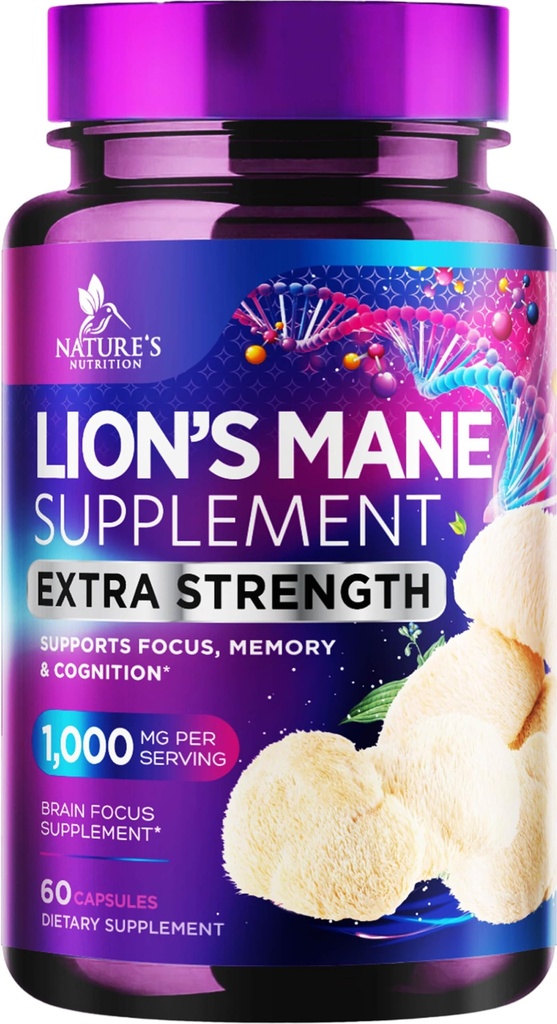 Lions Mane Mushroom Capsules 10,000mg - Lions Mane Support Capsules for Memory and Focus Support, Brain, immun Health Support, Vegan, Flasket i USA, Lions Mane Mushroom Powder Extract, 60 Greve
