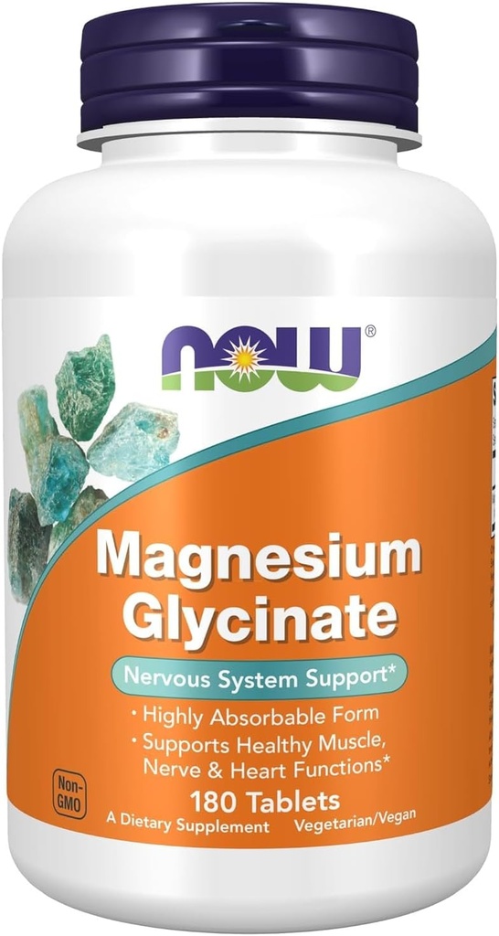 Now Foods Supplements, Magnesium Glycinate 100 mg, Meget Absorberet Form, 180 tabletter