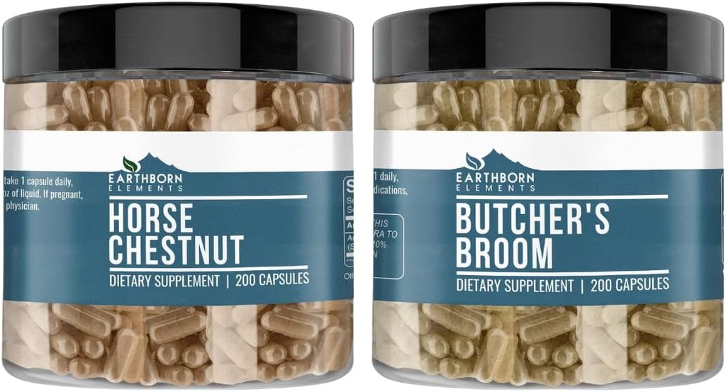 Earthborn Elements Horse Chestnut and Butcher 's Broom Bundle, 200 Kapsler Hver, Pure & Ufortyndet, Ingen tilsætningsstoffer
