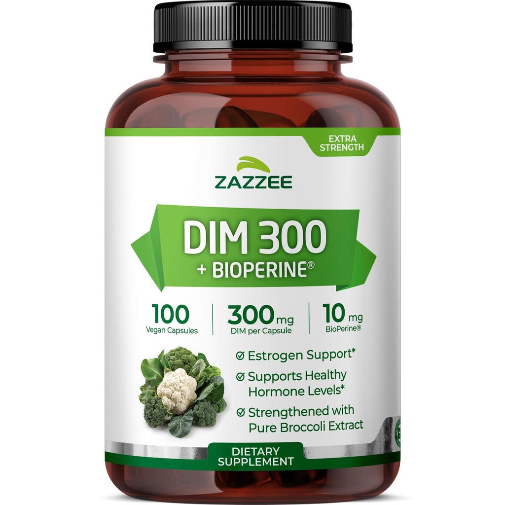 Zazzee DIM 300 mg Per kapsel, 100 Greve, Plus 10 mg BioPerine, Østrogen Balance, Hormonal Acne, Menopause Support, Hormonal Balance, Diindolylmethan, Vegan, All- Natural, Non- GMO, Made in USA