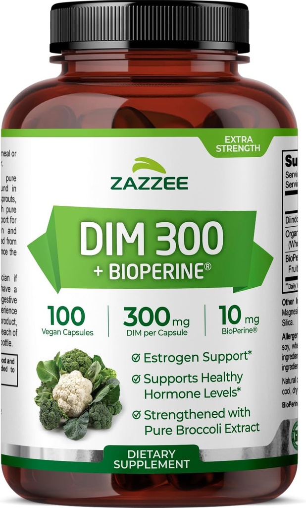 Zazzee DIM 300 mg Per kapsel, 100 Greve, Plus 10 mg BioPerine, Østrogen Balance, Hormonal Acne, Menopause Support, Hormonal Balance, Diindolylmethan, Vegan, All- Natural, Non- GMO, Made in USA