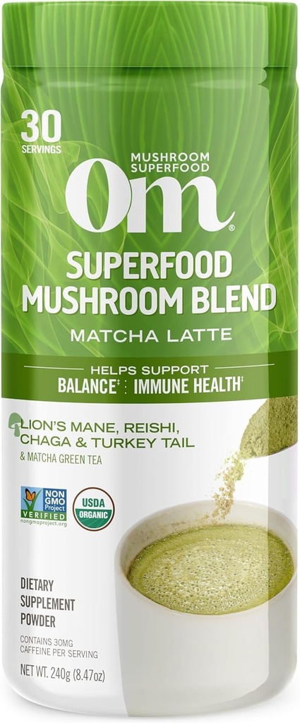 Om Mushroom Superfood Matcha Latte Blend - Green Tea Mushroom Powder with Lions Mane, Reishi, Chaga & Turkey Tail - Fokus, rolig & Stress Support - 8.47 oz Canister (30 Servere)