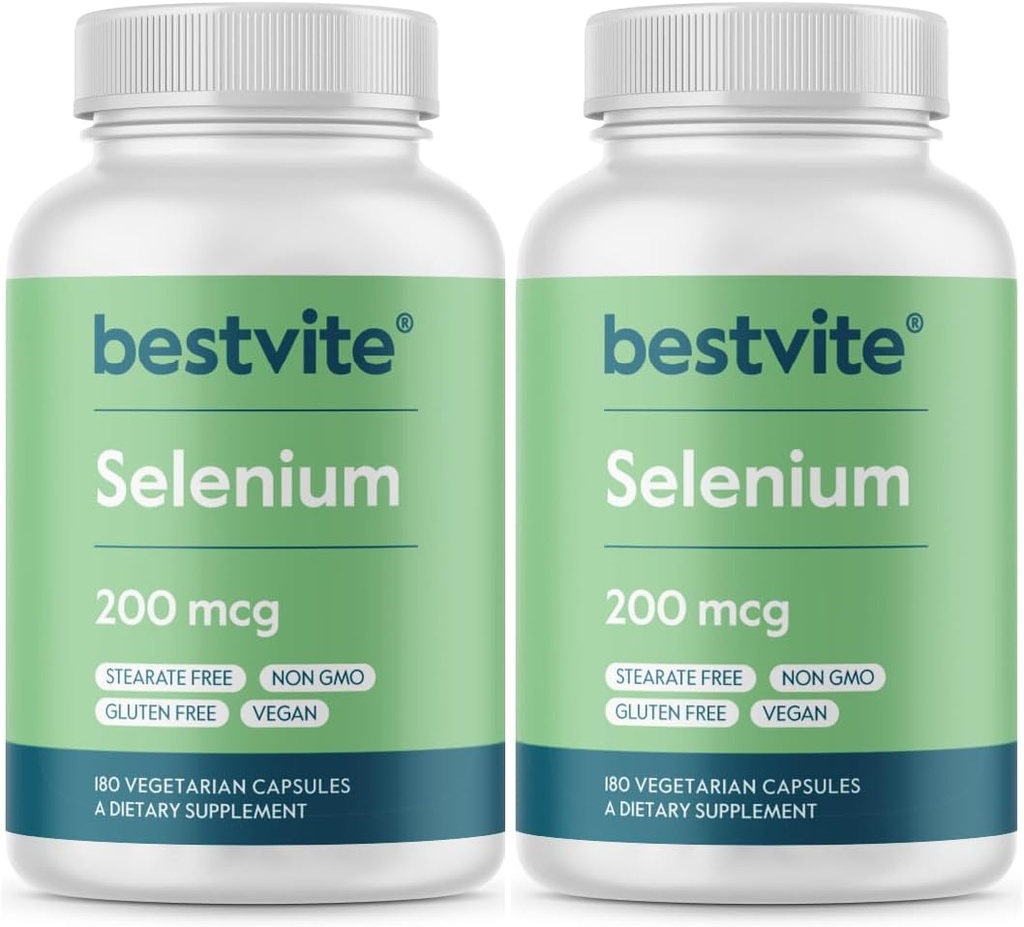 BESTVITE Selen 200mcg (360 Vegetariske Kapsler) (2-Pack) - Ingen Stearates - Ingen Flow Agents - Vegan - Ikke-GMO - Gluten Free