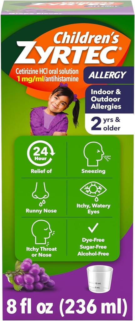 Børn Zyrtec 24 timers Allergi Relief Syrup, 5 mg Cetirizine Hydrochlorid Antihistamin, Kids Allergy Medicine for Indoor & Outdoor Allergy Relief, Far- & Sugar- Free, Grape, 8 fl. oz