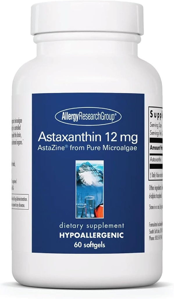 Allergy Research Group Astaxanthin 12mg Supplement - fra Økologiske Mikroalger, Eye Health, AstaZine Astaxanthin, Natural Antioxidant, Skin Health, Brain Function Support, Softgels - 60 Greve