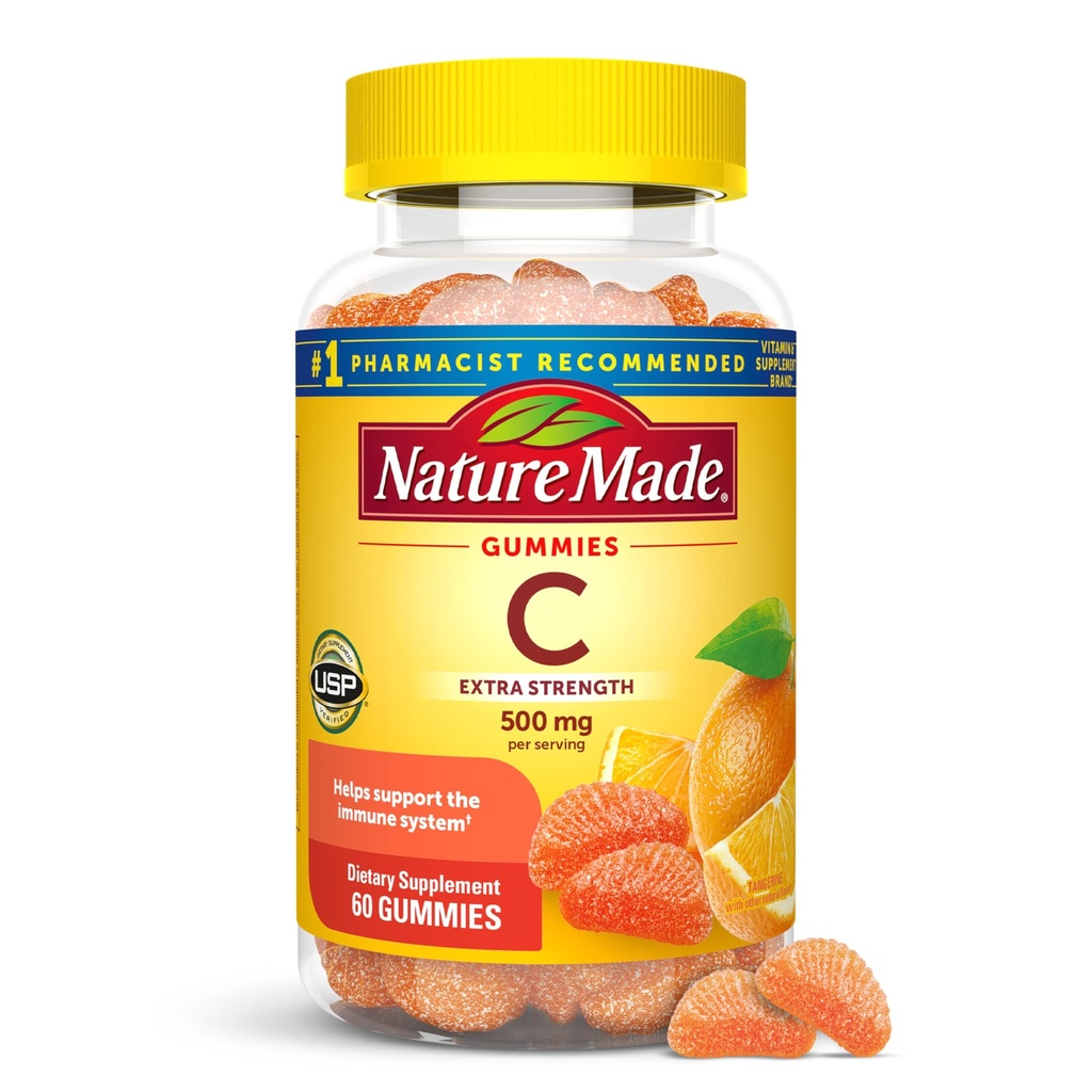 Nature Made Extra Strength Dosering C 500 mg per portion, Kosttilskud til immunforsvar, 60 Gummies, 30 dages forsyning