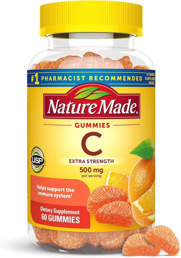 Nature Made Extra Strength Dosering C 500 mg per portion, Kosttilskud til immunforsvar, 60 Gummies, 30 dages forsyning